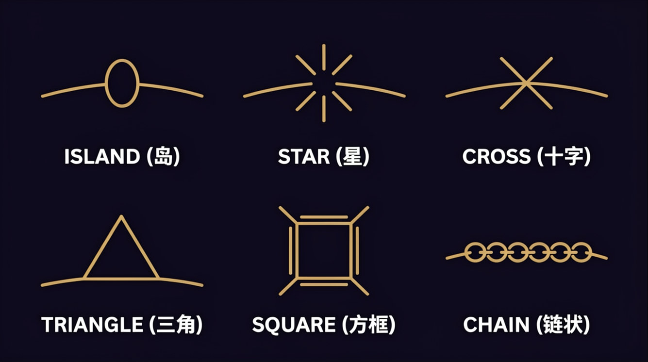 Palm reading symbols chart showing common marks: island, star, cross, triangle, square, and chain — with bilingual labels in English and Chinese